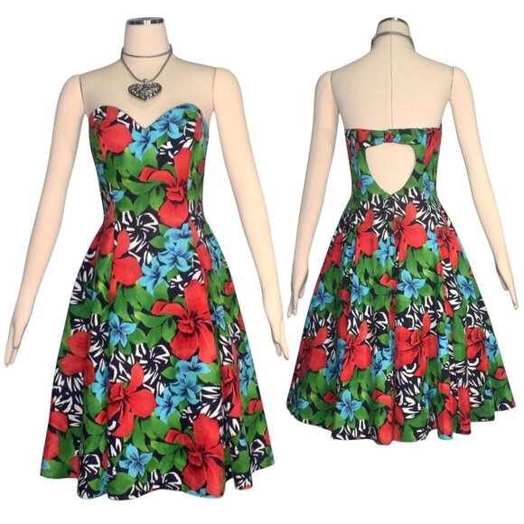 A.J. Bari Dresses & Skirts - Vintage 80s Prom Party Floral Print Strapless Dress Cutout Back A.J. Bari S M